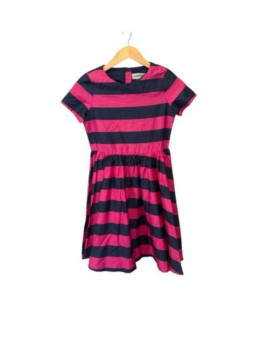 Lands End Girls 100% Cotton Pink Blue Stripe Twirl Dress 12 Preppy Summer Modest